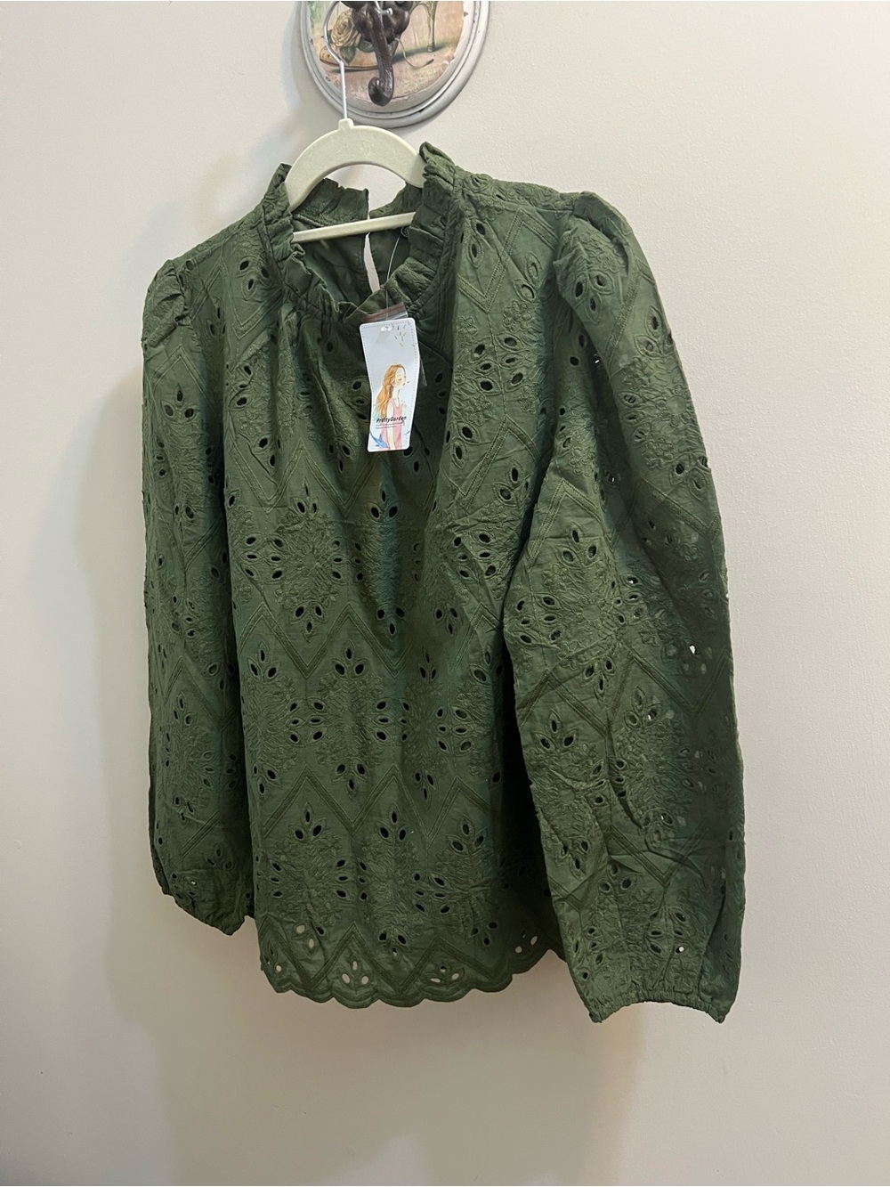 Pretty Garden Olive Eyelet Lace Long See through Sleeve Blouse Size Large